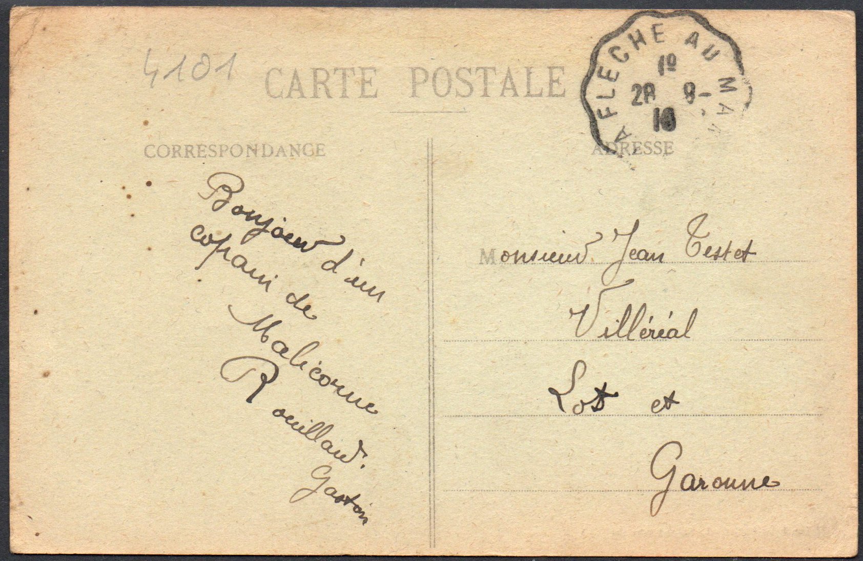 Obliteration ferroviaire / chemin de fer 'La Flèche au Mans ', August 1916 : Malicorne